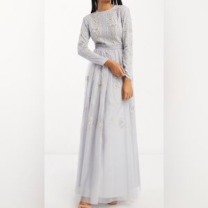 ASOS pearl embellished long sleeve maxi dress with floral embroidery